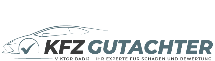 Logo KFZ-Gutachter Badij Auto Skizze in blau und Beschriftung "KFZ Gutachter Viktor Badij – Ihr Experte für Schäden und Bewertungen"
