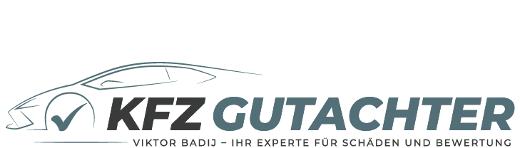 Logo KFZ-Gutachter Badij Auto Skizze in blau und Beschriftung "KFZ Gutachter Viktor Badij – Ihr Experte für Schäden und Bewertungen"