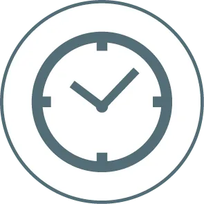 Icon von Leistungen im KFZ-Gutachter Bereich. Es zeigt die Leistung Kurzgutachten anhand von einer Uhr in einem Kreis. Es dient als Gestaltungselement.