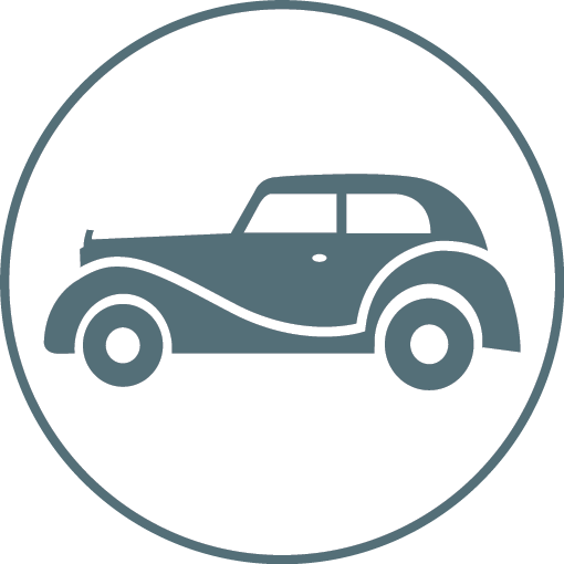 Icon von Leistungen im KFZ-Gutachter Bereich. Es zeigt die Leistung Oldtimer Gutachten anhand von eines Oldtimers in einem Kreis. Es dient als Gestaltungselement.