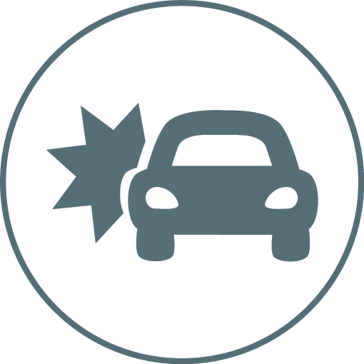 Icon von Leistungen im KFZ-Gutachter Bereich. Es zeigt die Leistung Unfall Gutachten anhand von eines Autos mit Unfallzeichen in einem Kreis. Es dient als Gestaltungselement.