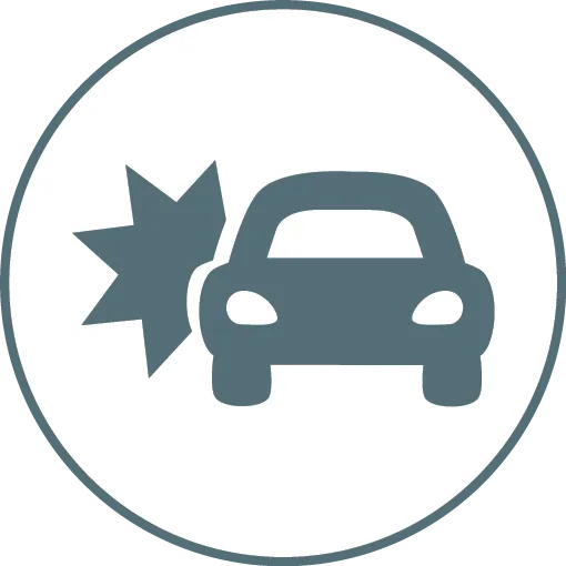 Icon von Leistungen im KFZ-Gutachter Bereich. Es zeigt die Leistung Unfall Gutachten anhand von eines Autos mit Unfallzeichen in einem Kreis. Es dient als Gestaltungselement.